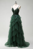 Sparkly Dark Green A-Line Corset Ruffles Appliqued Long Formal Dress with Slit