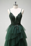 Sparkly Dark Green A-Line Corset Ruffles Appliqued Long Formal Dress with Slit