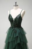 Sparkly Dark Green A-Line Corset Ruffles Appliqued Long Formal Dress with Slit