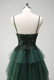 Sparkly Dark Green A-Line Corset Ruffles Appliqued Long Formal Dress with Slit