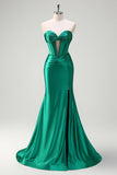 Sparkly Dark Green Mermaid Strapless Beaded Corset Ruched Satin Formal Dress with Slit