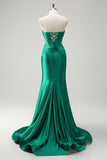 Sparkly Dark Green Mermaid Strapless Beaded Corset Ruched Satin Formal Dress with Slit