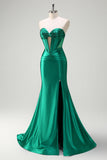 Sparkly Dark Green Mermaid Strapless Beaded Corset Ruched Satin Formal Dress with Slit