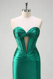 Sparkly Dark Green Mermaid Strapless Beaded Corset Ruched Satin Formal Dress with Slit