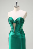 Sparkly Dark Green Mermaid Strapless Beaded Corset Ruched Satin Formal Dress with Slit