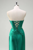 Sparkly Dark Green Mermaid Strapless Beaded Corset Ruched Satin Formal Dress with Slit