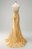 Sparkly Golden Mermaid Spaghetti Straps Corset Long Formal Dress with Slit