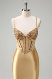 Sparkly Golden Mermaid Spaghetti Straps Corset Long Formal Dress with Slit