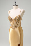 Sparkly Golden Mermaid Spaghetti Straps Corset Long Formal Dress with Slit