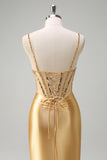 Sparkly Golden Mermaid Spaghetti Straps Corset Long Formal Dress with Slit