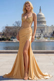 Sparkly Golden Mermaid Spaghetti Straps Corset Long Formal Dress with Slit