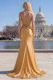 Sparkly Golden Mermaid Spaghetti Straps Corset Long Formal Dress with Slit