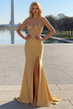 Sparkly Golden Mermaid Spaghetti Straps Corset Long Formal Dress with Slit