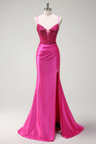 Sparkly Fuchsia Mermaid Spaghetti Straps Beaded Corset Satin Long Formal Dress with Slit