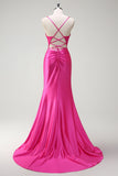 Sparkly Fuchsia Mermaid Spaghetti Straps Beaded Corset Satin Long Formal Dress with Slit