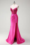 Sparkly Fuchsia Mermaid Spaghetti Straps Beaded Corset Satin Long Formal Dress with Slit