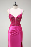 Sparkly Fuchsia Mermaid Spaghetti Straps Beaded Corset Satin Long Formal Dress with Slit