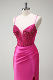 Sparkly Fuchsia Mermaid Spaghetti Straps Beaded Corset Satin Long Formal Dress with Slit