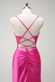 Sparkly Fuchsia Mermaid Spaghetti Straps Beaded Corset Satin Long Formal Dress with Slit