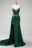 Sparkly Dark Green Mermaid Side Streamer Sequined Corset Satin Formal Dress with Slit