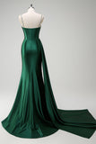 Sparkly Dark Green Mermaid Side Streamer Sequined Corset Satin Formal Dress with Slit