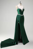 Sparkly Dark Green Mermaid Side Streamer Sequined Corset Satin Formal Dress with Slit