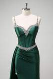 Sparkly Dark Green Mermaid Side Streamer Sequined Corset Satin Formal Dress with Slit