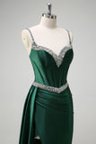 Sparkly Dark Green Mermaid Side Streamer Sequined Corset Satin Formal Dress with Slit