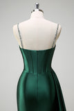 Sparkly Dark Green Mermaid Side Streamer Sequined Corset Satin Formal Dress with Slit