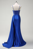 Sparkly Royal Blue Mermaid Beaded Corset Ruched Satin Long Formal Dress with Slit