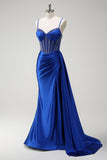 Sparkly Royal Blue Mermaid Beaded Corset Ruched Satin Long Formal Dress with Slit