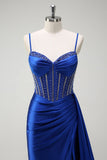 Sparkly Royal Blue Mermaid Beaded Corset Ruched Satin Long Formal Dress with Slit