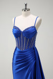 Sparkly Royal Blue Mermaid Beaded Corset Ruched Satin Long Formal Dress with Slit