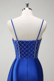 Sparkly Royal Blue Mermaid Beaded Corset Ruched Satin Long Formal Dress with Slit