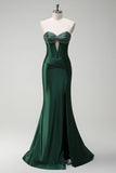 Sparkly Dark Green Mermaid Beaded Corset Satin Long Formal Dress with Slit