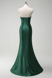 Sparkly Dark Green Mermaid Beaded Corset Satin Long Formal Dress with Slit