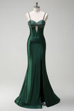 Sparkly Dark Green Mermaid Beaded Corset Satin Long Formal Dress with Slit