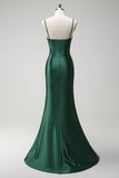 Sparkly Dark Green Mermaid Beaded Corset Satin Long Formal Dress with Slit