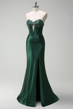 Sparkly Dark Green Mermaid Beaded Corset Satin Long Formal Dress with Slit