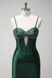 Sparkly Dark Green Mermaid Beaded Corset Satin Long Formal Dress with Slit