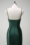 Sparkly Dark Green Mermaid Beaded Corset Satin Long Formal Dress with Slit