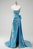 Metallic Blue Mermaid Strapless Corset Flowers Beaded Long Formal Dress with Slit