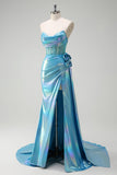 Metallic Blue Mermaid Strapless Corset Flowers Beaded Long Formal Dress with Slit