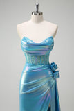 Metallic Blue Mermaid Strapless Corset Flowers Beaded Long Formal Dress with Slit