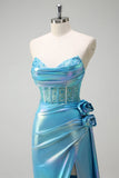 Metallic Blue Mermaid Strapless Corset Flowers Beaded Long Formal Dress with Slit