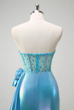 Metallic Blue Mermaid Strapless Corset Flowers Beaded Long Formal Dress with Slit