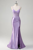 Lilac Mermaid Embroidered Satin Long Plus Size Formal Dress with Slit