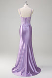 Lilac Mermaid Embroidered Satin Long Plus Size Formal Dress with Slit