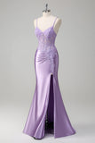 Lilac Mermaid Spaghetti Straps Long Formal Dress with Appliques