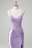 Lilac Mermaid Spaghetti Straps Long Formal Dress with Appliques